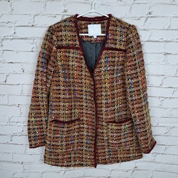 ANTHROPOLOGIE Ett:twa Harlequin Oversized Tweed Brown Burgundy Blazer Jacket - Picture 4 of 15